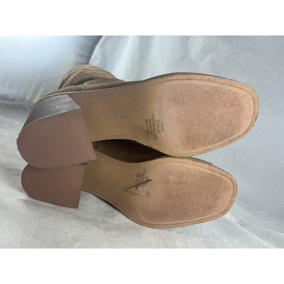 Lucky Brand Peep Toe Ryemi Topanga Tan Suede Booties Block Heels US Size 8.5 M - Picture 5 of 8